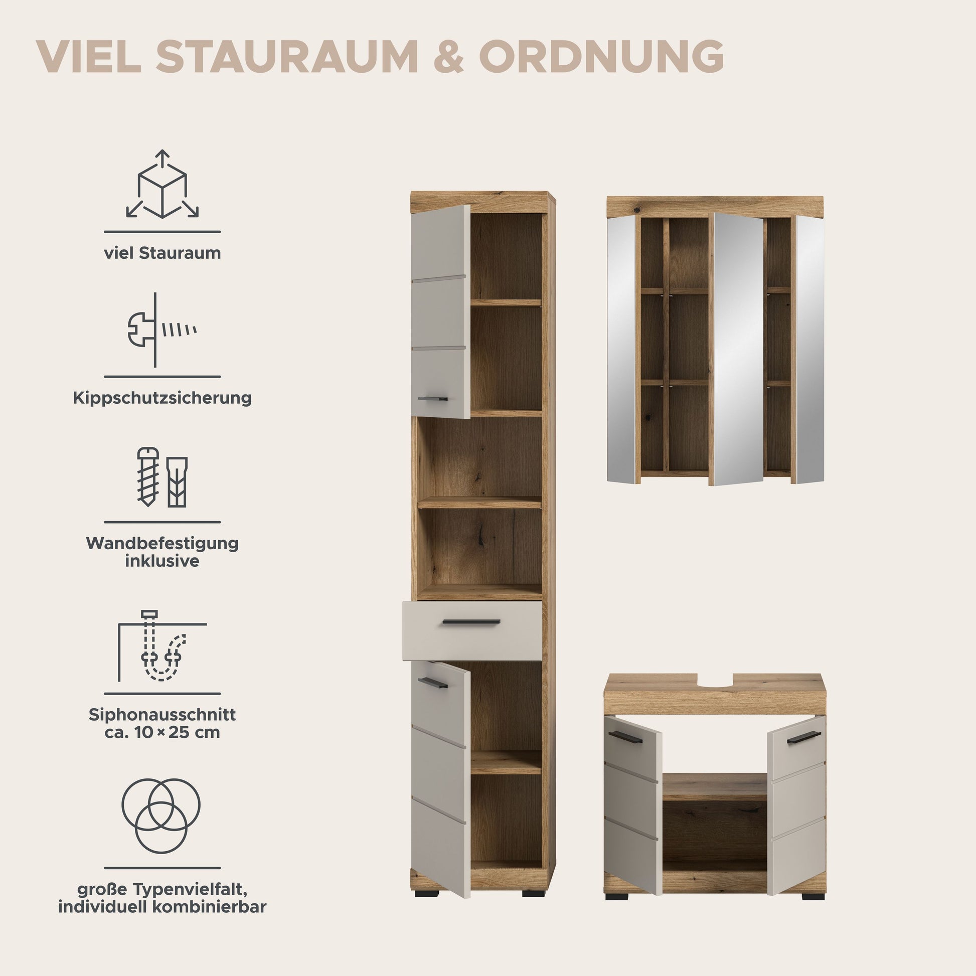 Hochschrank im Badezimmerset mit Schublade und offenen Fächern, Holzinnenraum, weiße Front