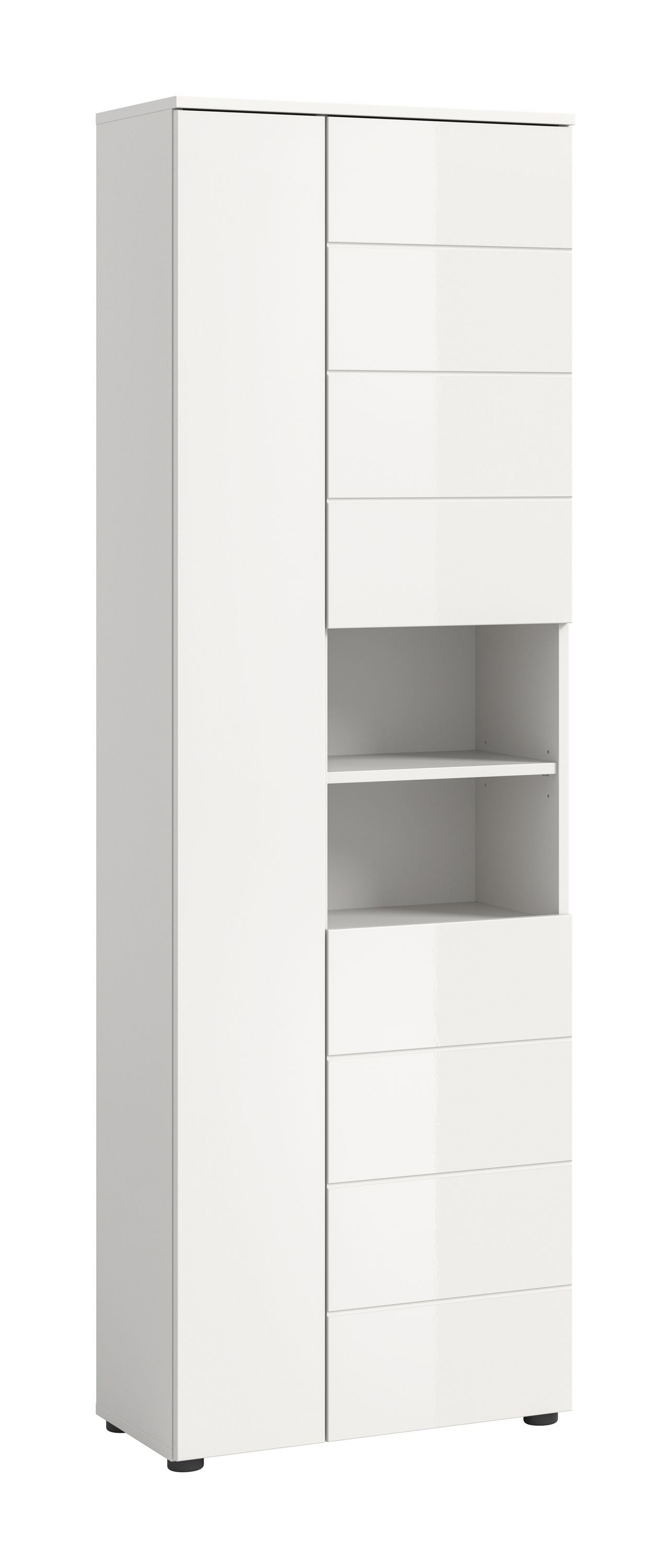 Weiße Badhochschrank-Hochglanzfront mit offenen Regalfächern