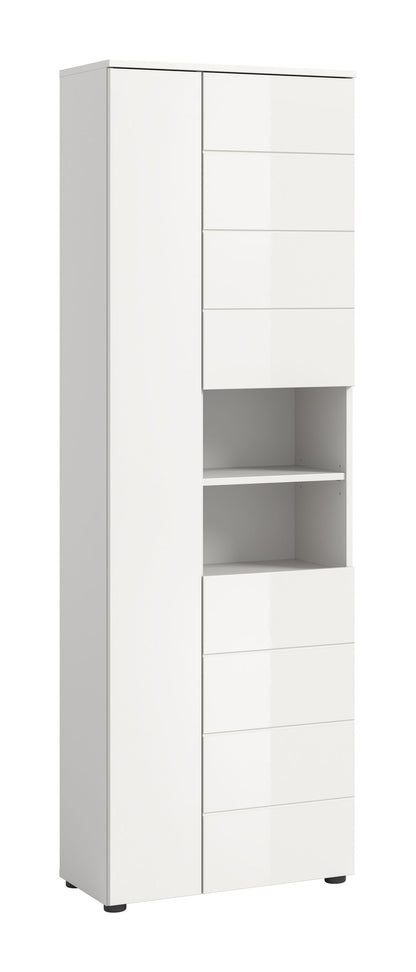 Weiße Badhochschrank-Hochglanzfront mit offenen Regalfächern