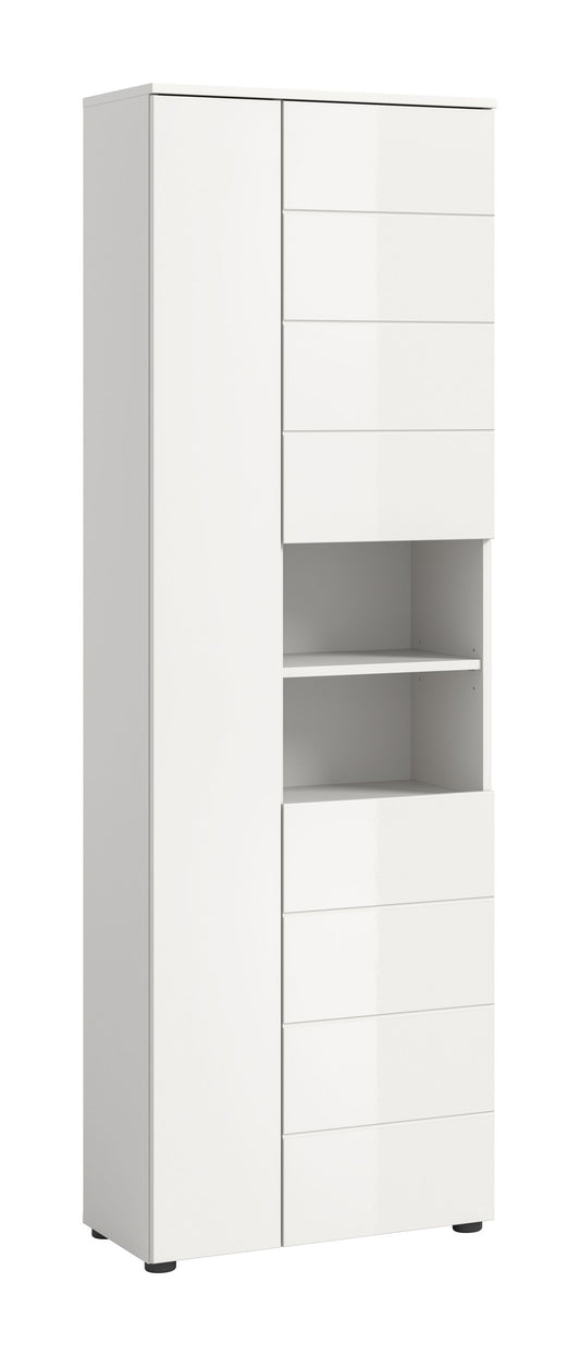Weiße Badhochschrank-Hochglanzfront mit offenen Regalfächern