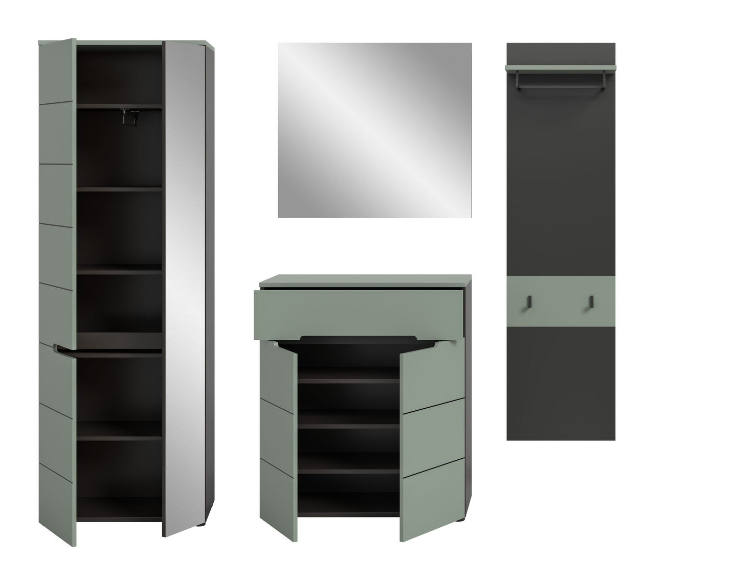 Ensemble de meubles d'entrée CANU (L/H/P : env. 220/190/37 cm) en gris basalte/vert fumé