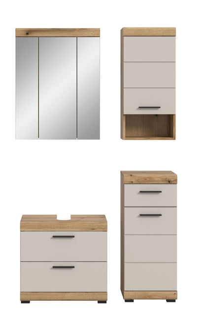 Badezimmerset mit Spiegelschrank, Waschtischunterschrank und Hochschrank in Holzoptik/Weiß