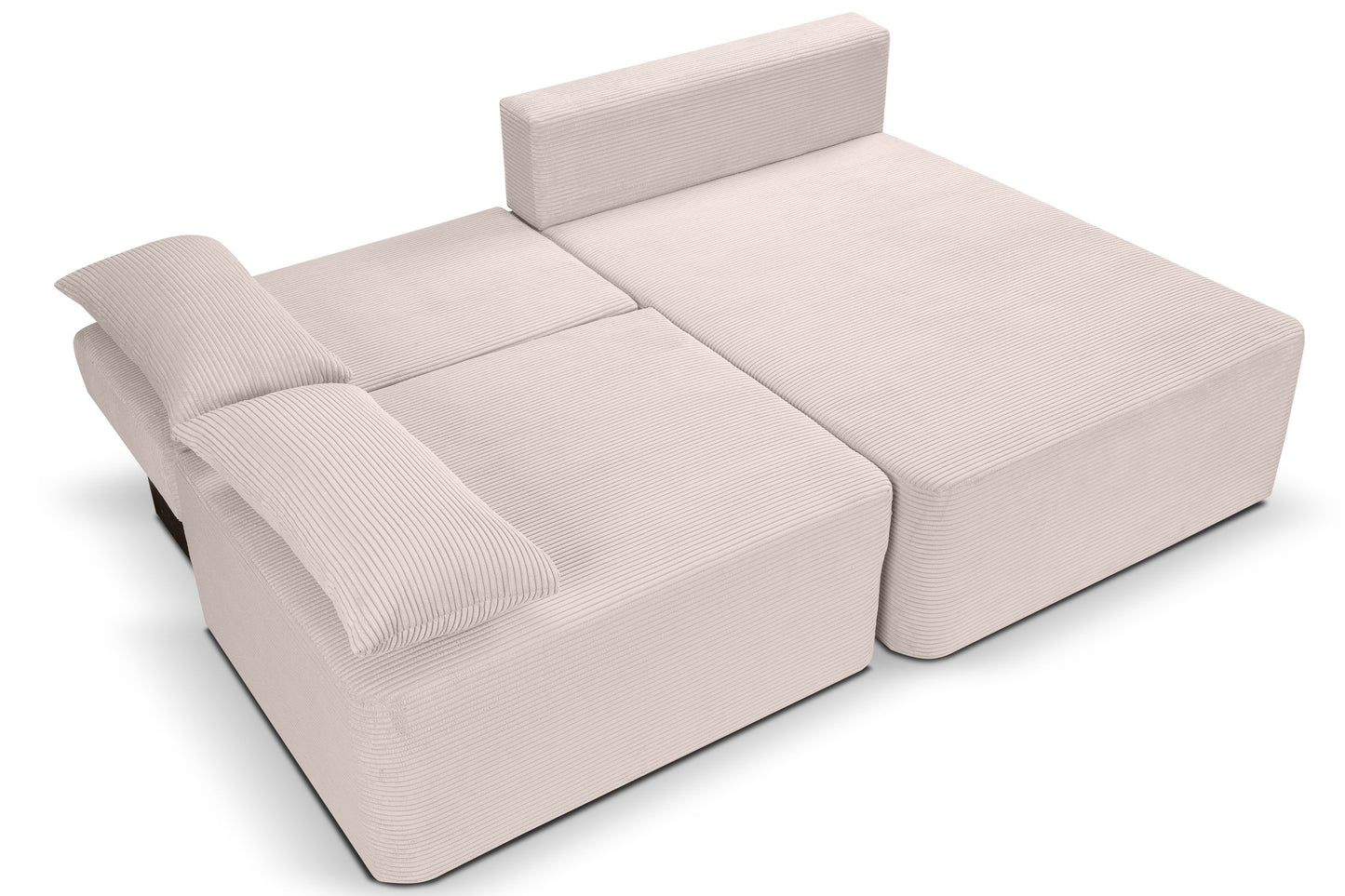 Cord-Schlafsofa in Beige, vollständig ausgeklappte Liegefläche mit zwei Kopfstützen