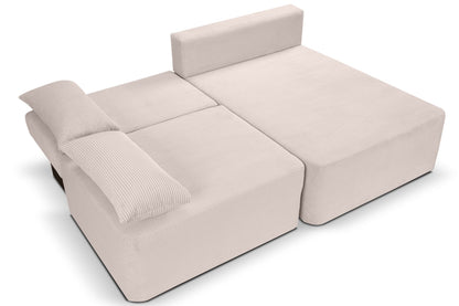 Cord-Schlafsofa in Beige, vollständig ausgeklappte Liegefläche mit zwei Kopfstützen