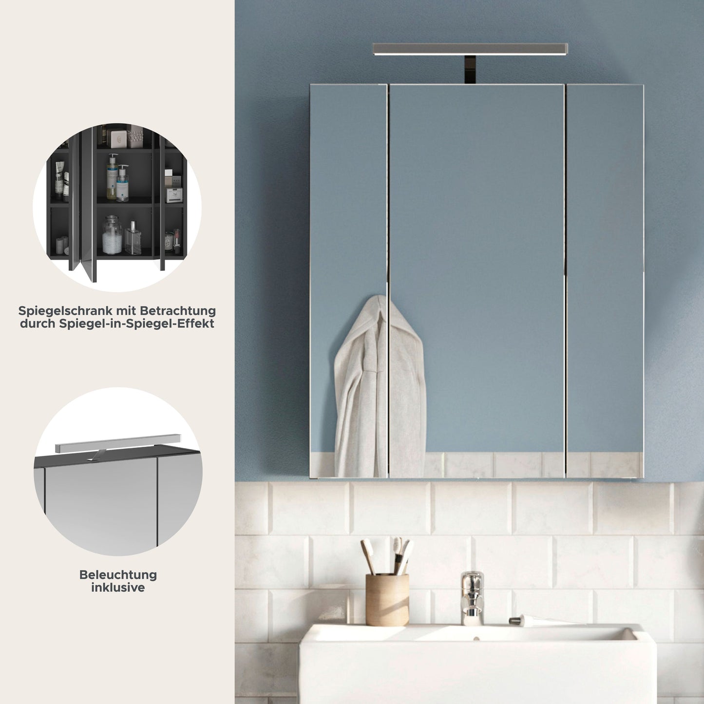 Armoire de toilette avec éclairage LINUS (L/H/P : env. 60/71/19 cm) en noir/verre miroir