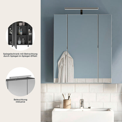 Armoire de toilette avec éclairage LINUS (L/H/P : env. 60/71/19 cm) en noir/verre miroir