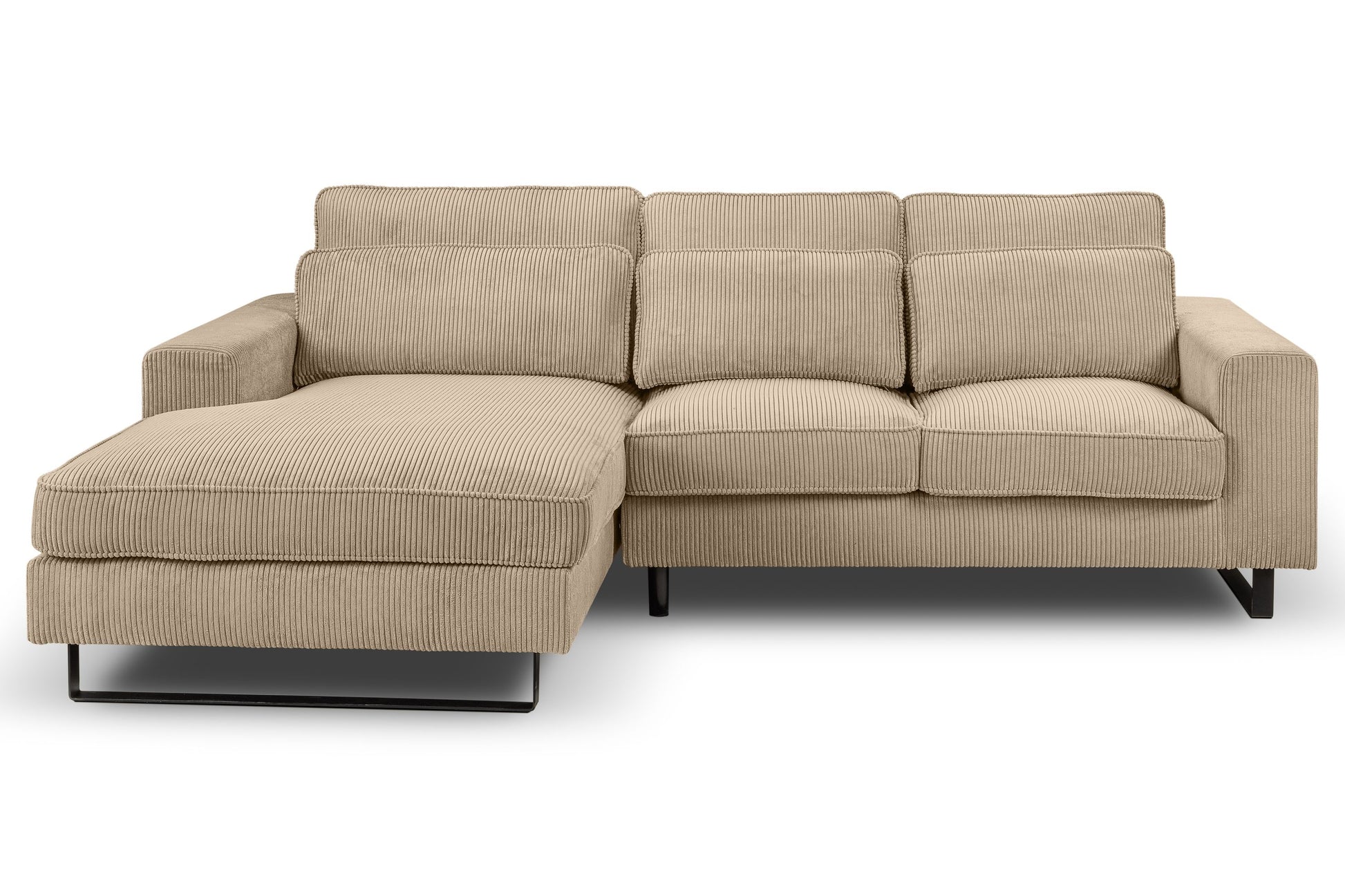 Ecksofa mit Recamiere aus Cordstoff in Beige, L-Form, gepolsterte Arm- und Rückenkissen