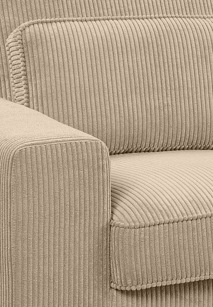 Cordbezug am Ecksofa, Detail von Rückenkissen und Seitenlehne mit sichtbarer Naht