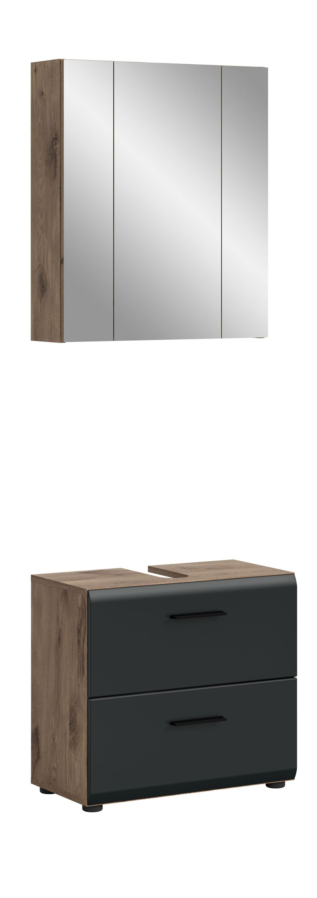 Badmöbelset mit Spiegelschrank und Waschtischunterschrank, Holzdekor/anthrazit, 2 Schübe