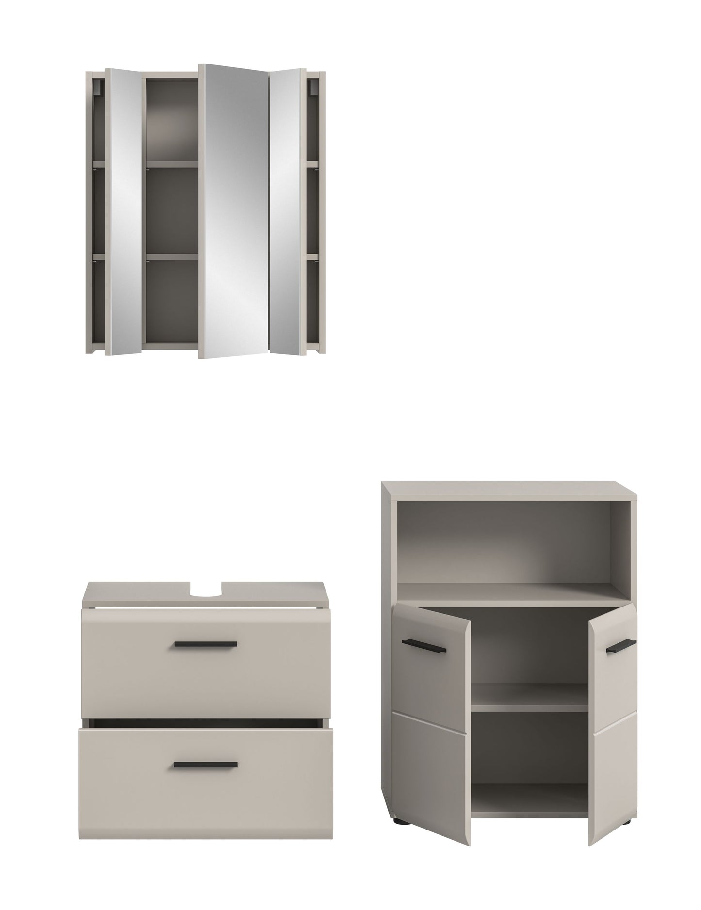 Badmöbel-Set in hellem Grau mit geöffnetem Schrankfach, Spiegelschrank und Kommode