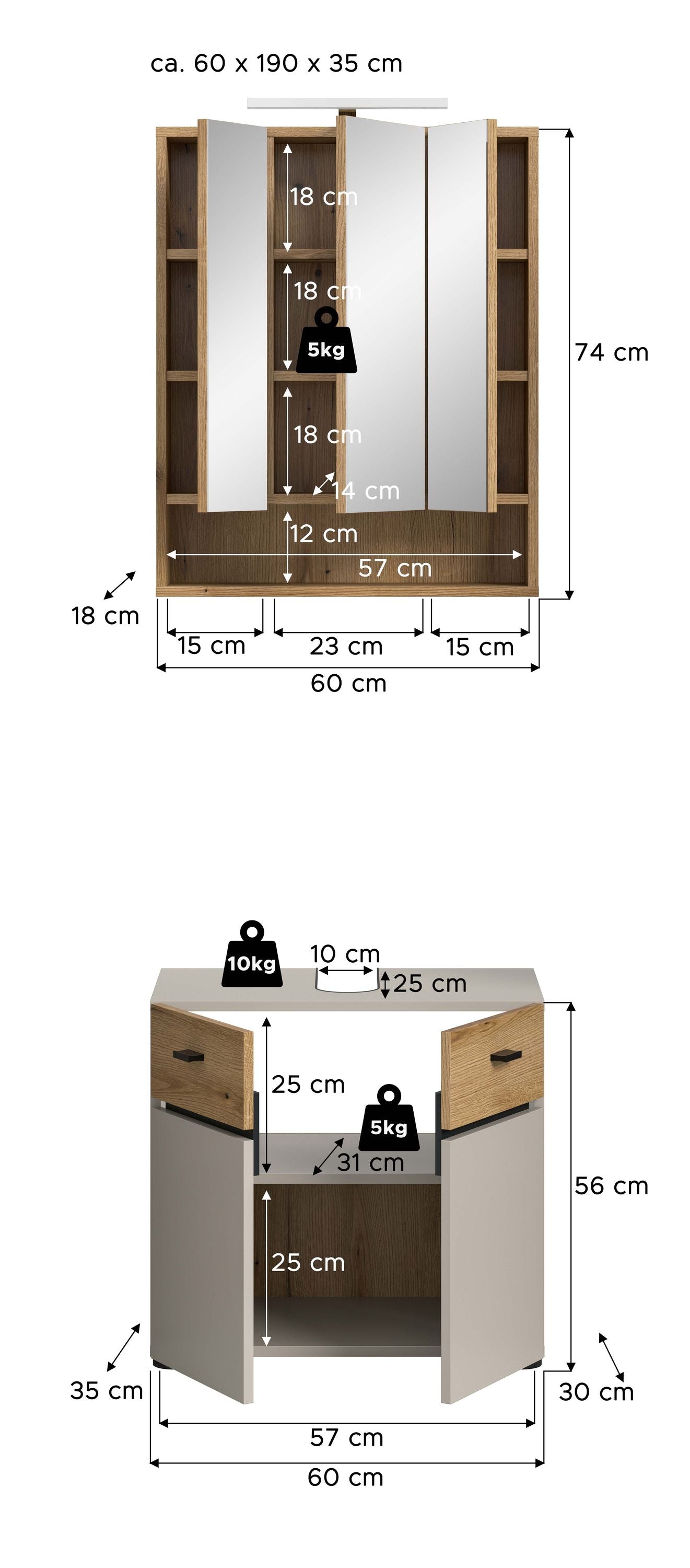 Homes & Jones Badmöbel Set 2-tlg. mit Badspiegelschrank inkl. Beleuchtung