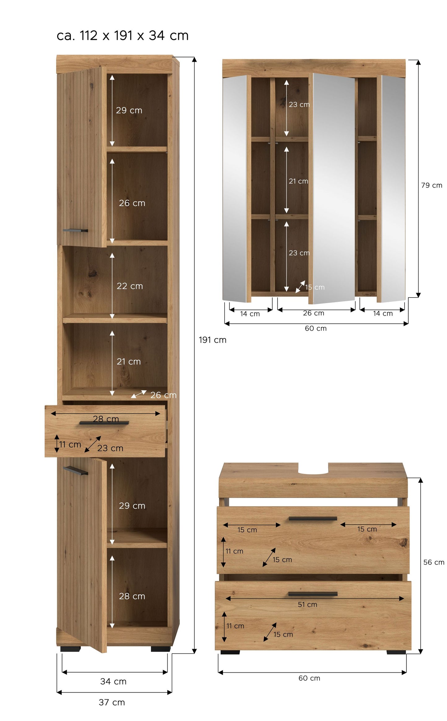 Maßgrafik zu Hochschrank und Waschtischunterschrank des Badezimmersets in Eichenoptik