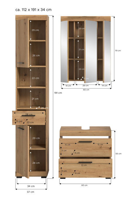 Maßgrafik zu Hochschrank und Waschtischunterschrank des Badezimmersets in Eichenoptik