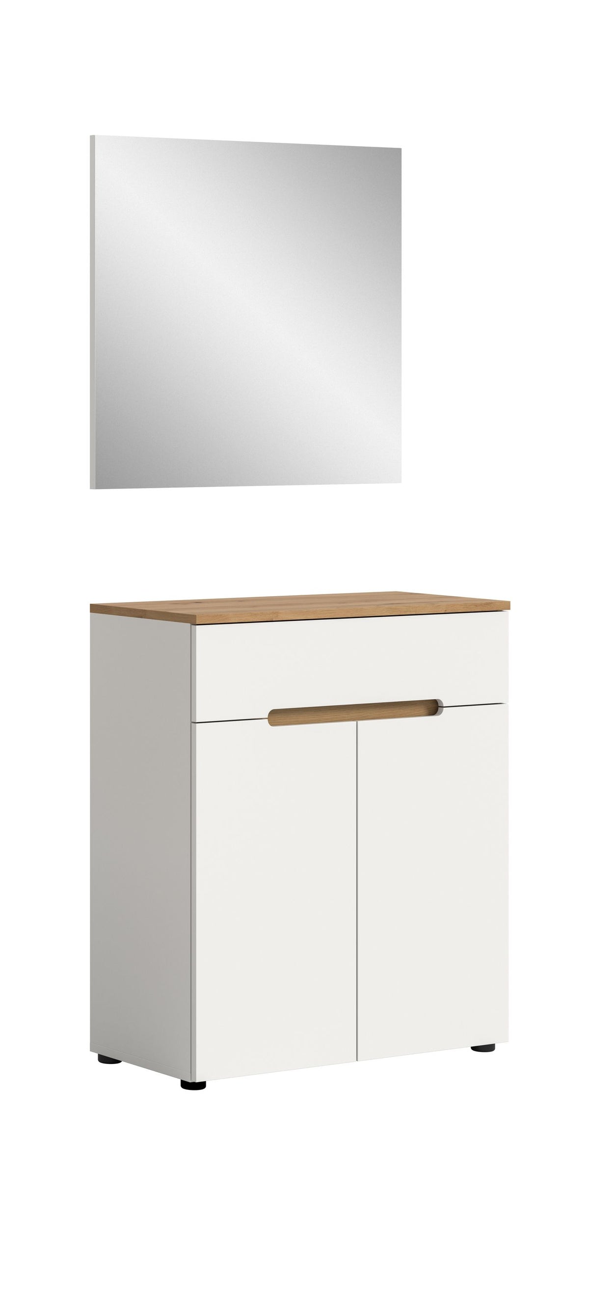 Garderoben-Kommode mit zwei Türen, basaltgrauem Korpus, heller Front und Holzgriff