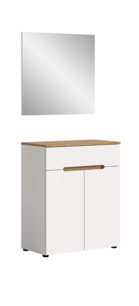 Garderoben-Kommode mit zwei Türen, basaltgrauem Korpus, heller Front und Holzgriff