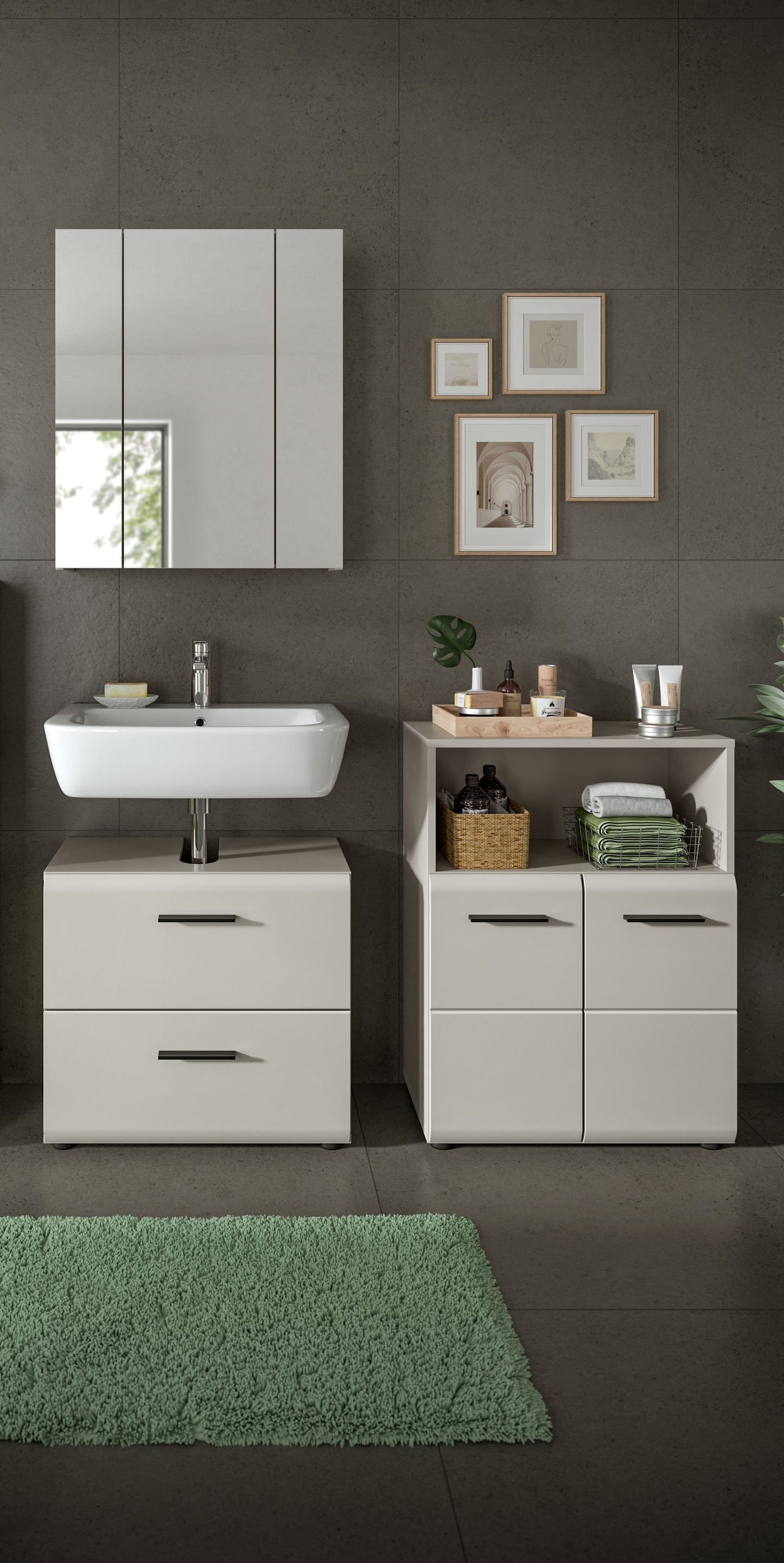 Badezimmermöbel-Set in Weiß mit Waschbecken, Waschtischunterschrank und Stauraum