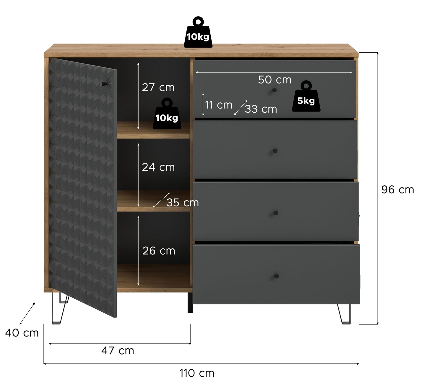 Buffet haut PRISMA (L/H/P : env. 110/96/40 cm) en imitation chêne Artisan/anthracite mat