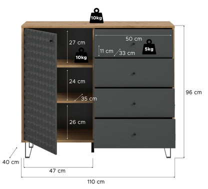 Buffet haut PRISMA (L/H/P : env. 110/96/40 cm) en imitation chêne Artisan/anthracite mat
