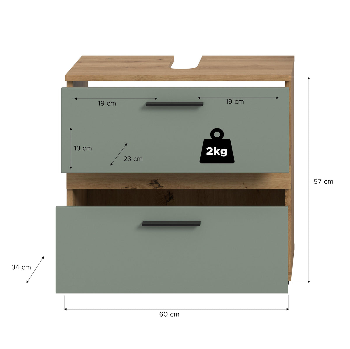 Waschbeckenunterschrank mit 2 Schubladen, türkisgrün, Holzoptik, Griffmulden