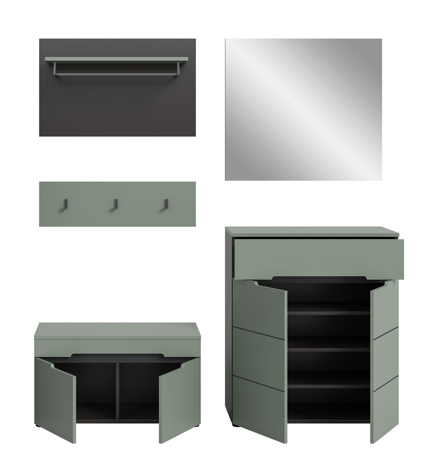 Ensemble de meuble d'entrée CANU (l/h/p : env. 175/190/37 cm) en gris basalte/vert fumée