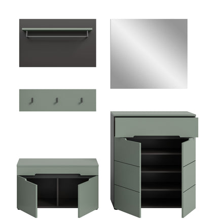 Ensemble de meuble d'entrée CANU (l/h/p : env. 175/190/37 cm) en gris basalte/vert fumée