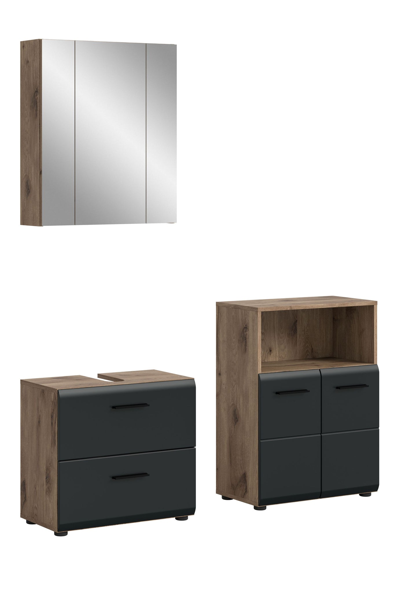 Badmöbel-Set aus Holzdekor mit dunklen Fronten, Spiegelschrank und Schränken