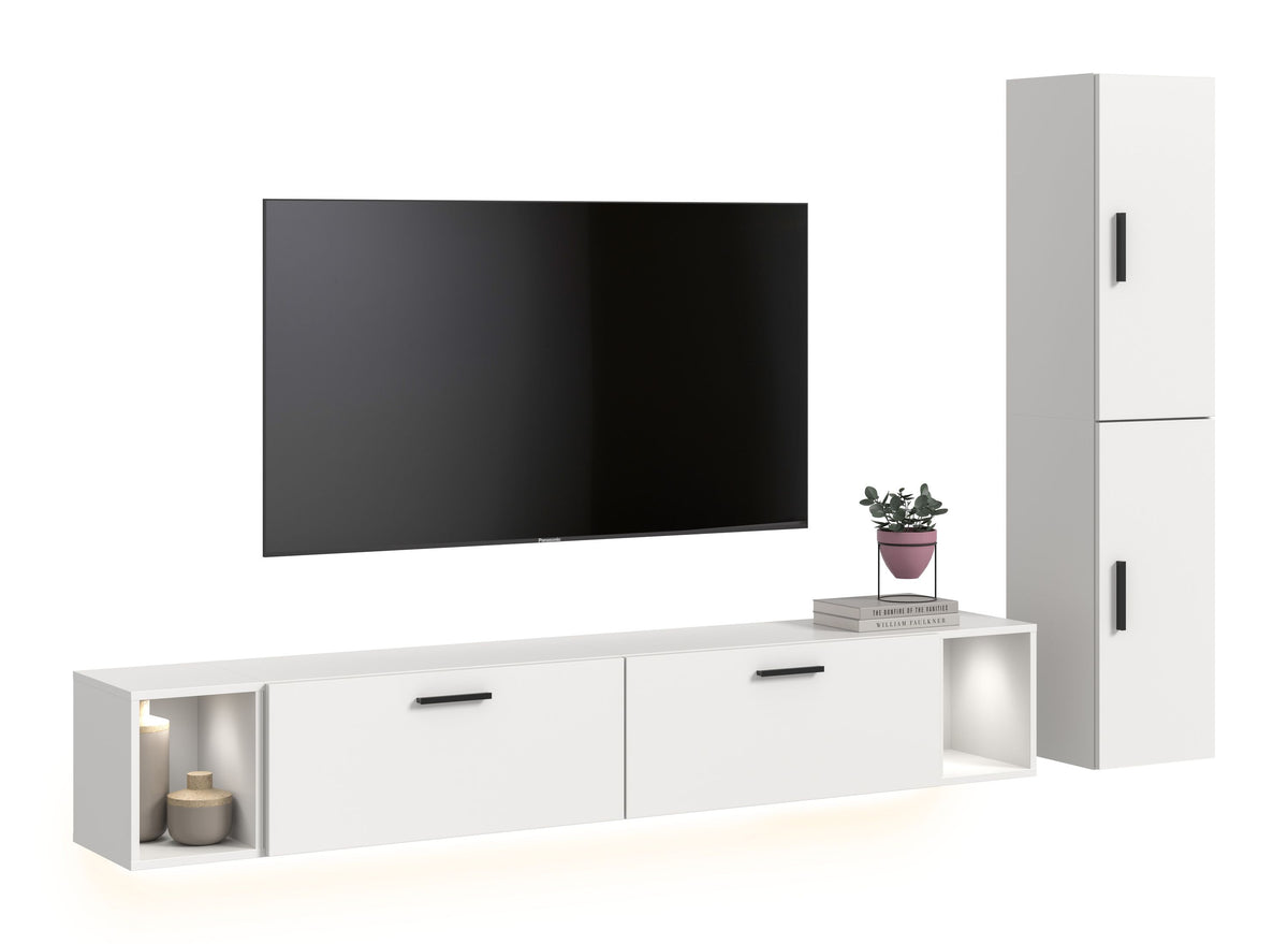TV-Lowboard mit Beleuchtung, weiß, zwei Schubladen und offene Seitennischen