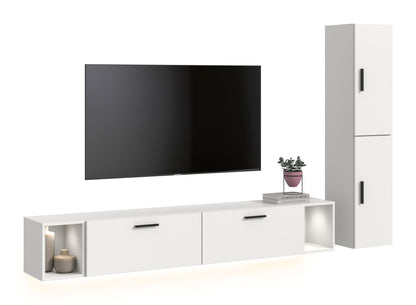 TV-Lowboard mit Beleuchtung, weiß, zwei Schubladen und offene Seitennischen