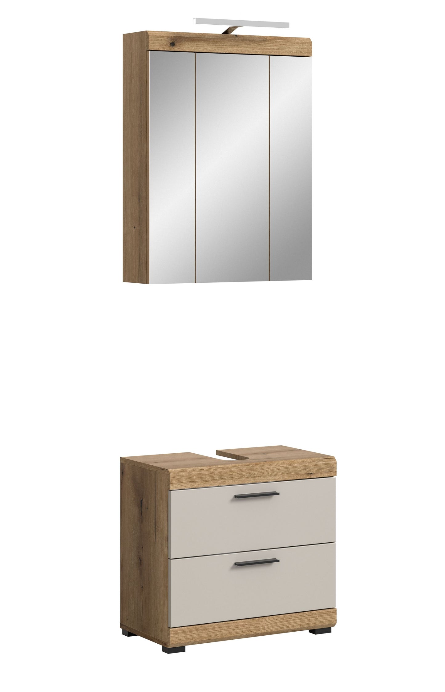 Badezimmerschrank-Set in Eiche-Optik: Spiegelschrank mit Dreitür und Unterschrank