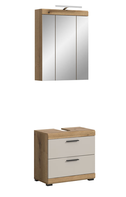 Badezimmerschrank-Set in Eiche-Optik: Spiegelschrank mit Dreitür und Unterschrank