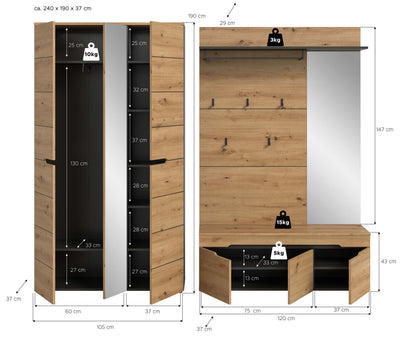 Garderobenset mit Schrank, Spiegel und Sitzbank; Abmessungen schematisch dargestellt