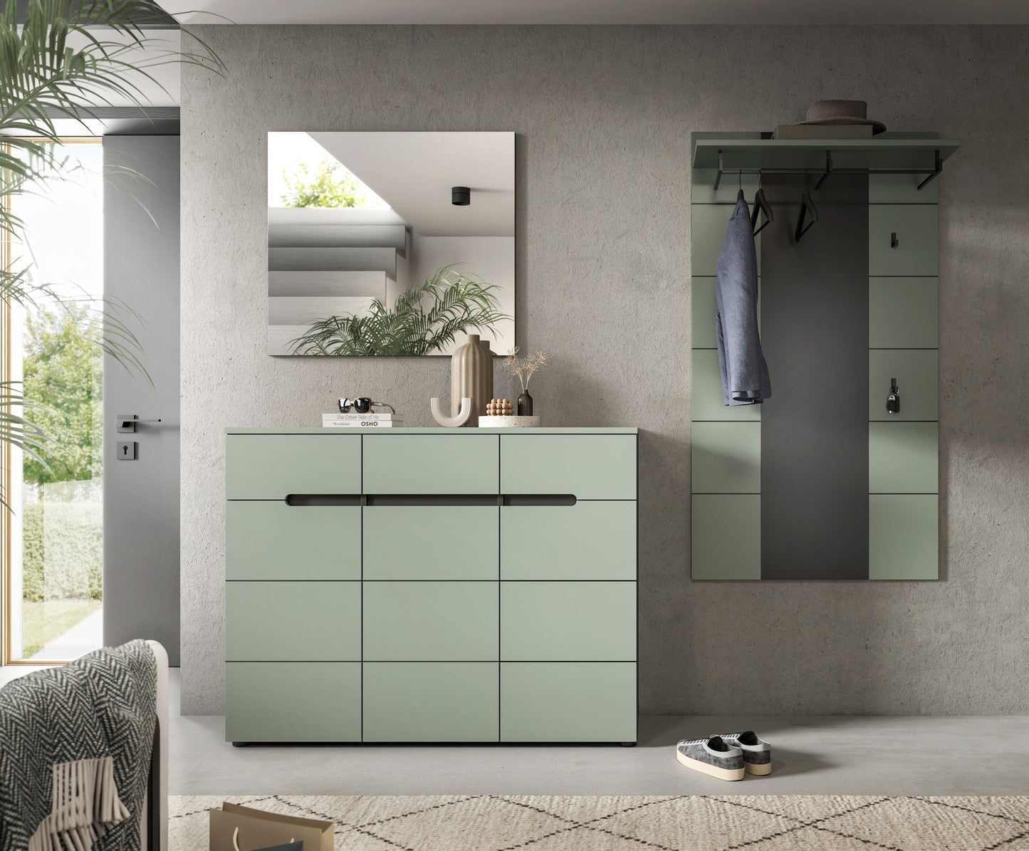 Ensemble de vestiaire CANU (L/H/P : env. 215/190/37 cm) en gris basalte/vert fumée