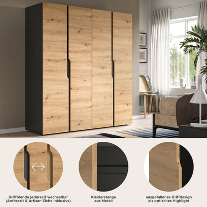 Wardrobe combination ANGA (W/H/D: approx. 160/180/51 cm) in anthracite/Artisan oak replica