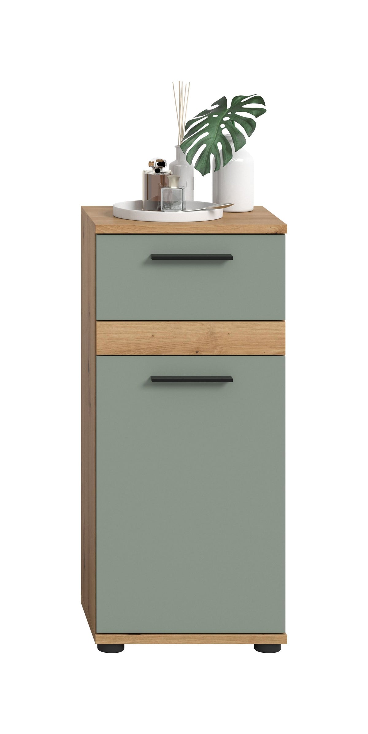 Badezimmerschrank mit zwei Schubladen, graublau, Holzrahmen, Griffleisten