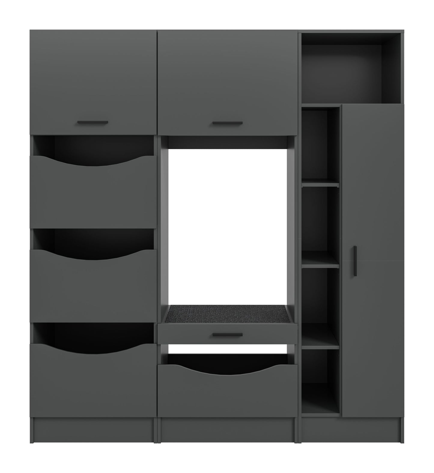Waschmaschinenschrank-Set in Grau, offene Front mit Fächern, Schubladen und Griffen