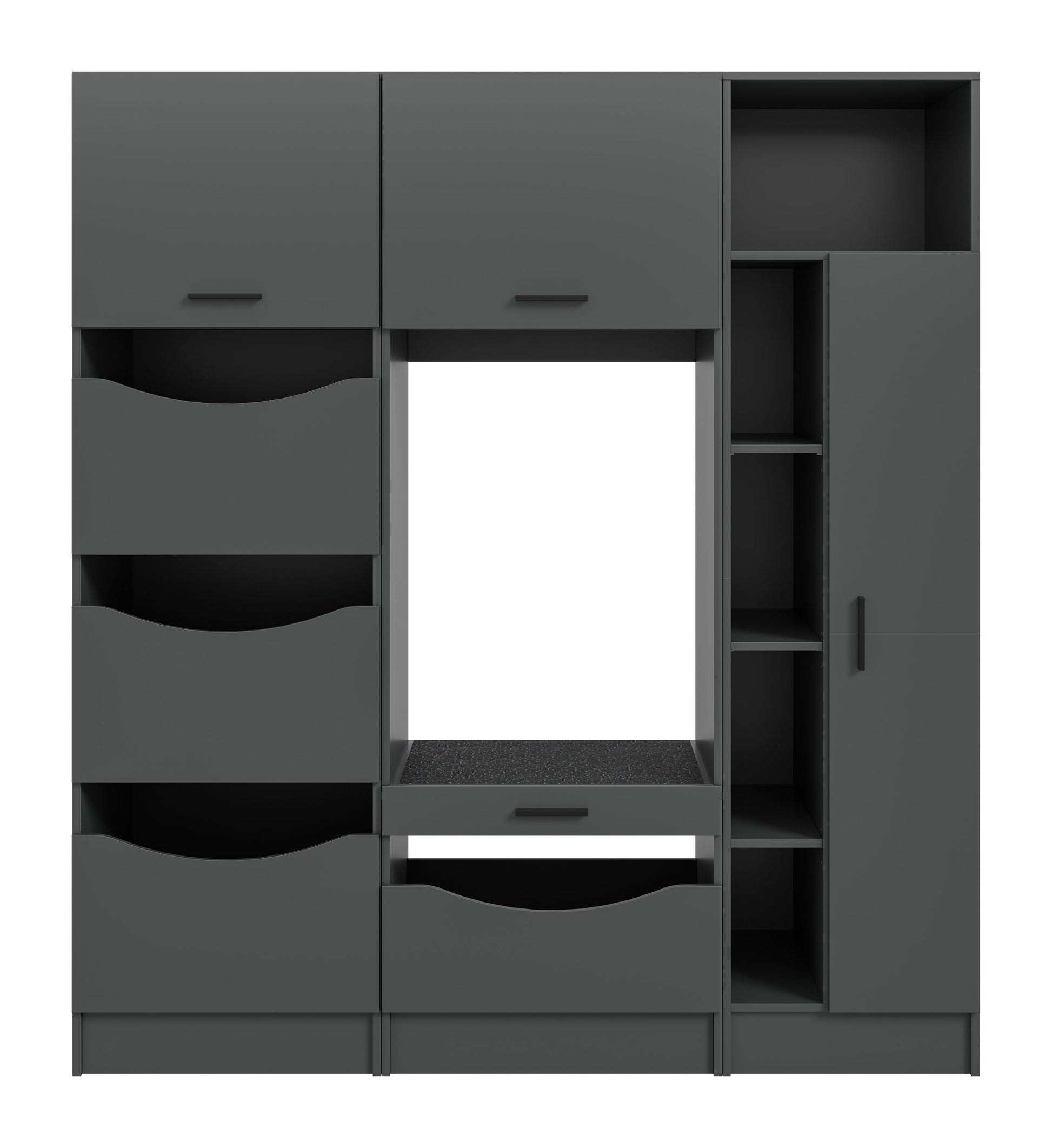 Waschmaschinenschrank-Set in Grau, offene Front mit Fächern, Schubladen und Griffen