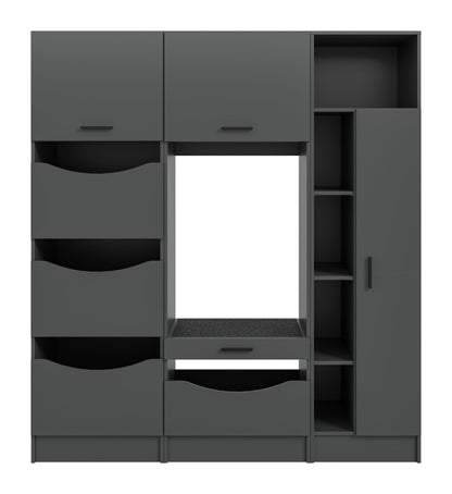 Waschmaschinenschrank-Set in Grau, offene Front mit Fächern, Schubladen und Griffen