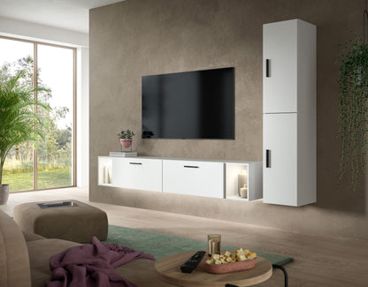 TV-Wohnwand mit Lowboard und Beleuchtung, weißer Korpus, grauer Seitenschrank