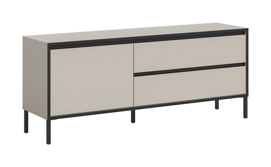 Lowboard von Homes & Jones mit zwei Klappen und zwei Schubfächern, grau-beige, schwarze Akzente