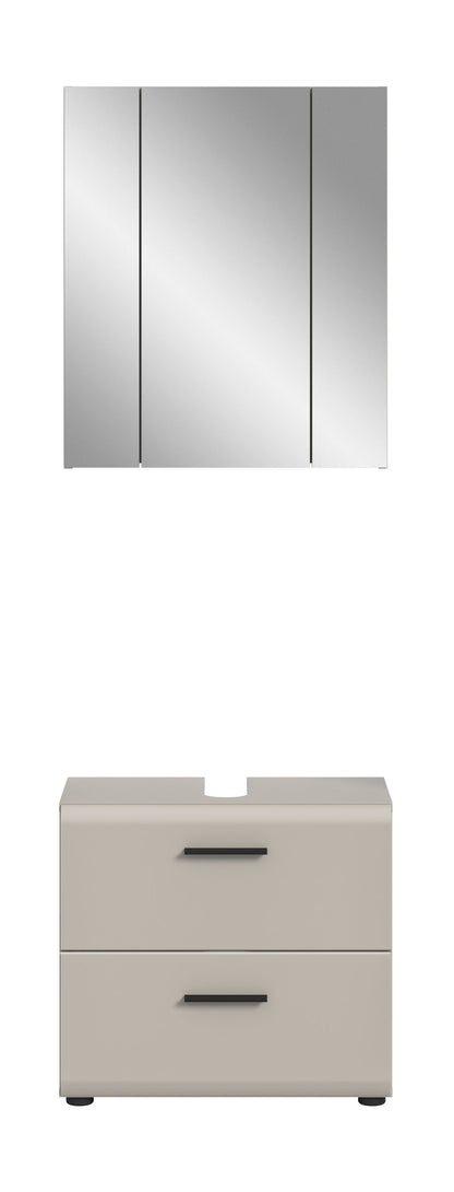 Badmöbelset mit Spiegelschrank und Waschtischunterschrank in hellgrau, 2 Schübe