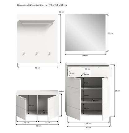 Ensemble de meubles d'entrée SOLERO (L/H/P : env. 175/193/37 cm) en blanc/blanc brillant