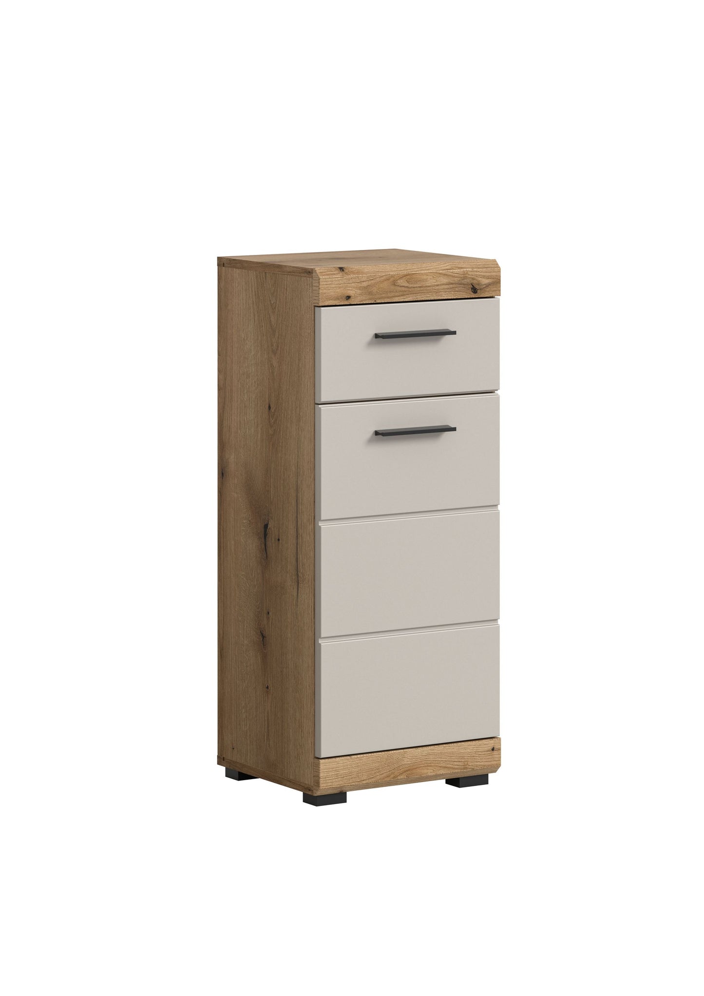 Homes & Jones schmale Badkommode, Korpus Holzoptik und weiße Fronten, 3 Schubfächer