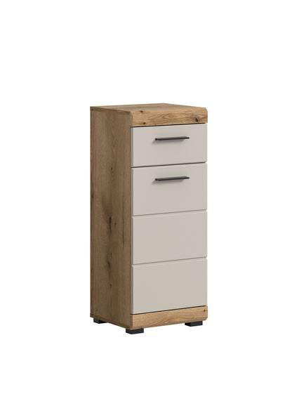 Homes & Jones schmale Badkommode, Korpus Holzoptik und weiße Fronten, 3 Schubfächer