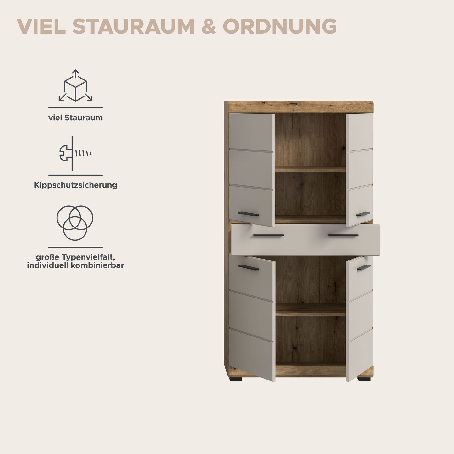 Badhochschrank mit offenen Einlegefächern, Korpus Artisan Eiche/weiße Front