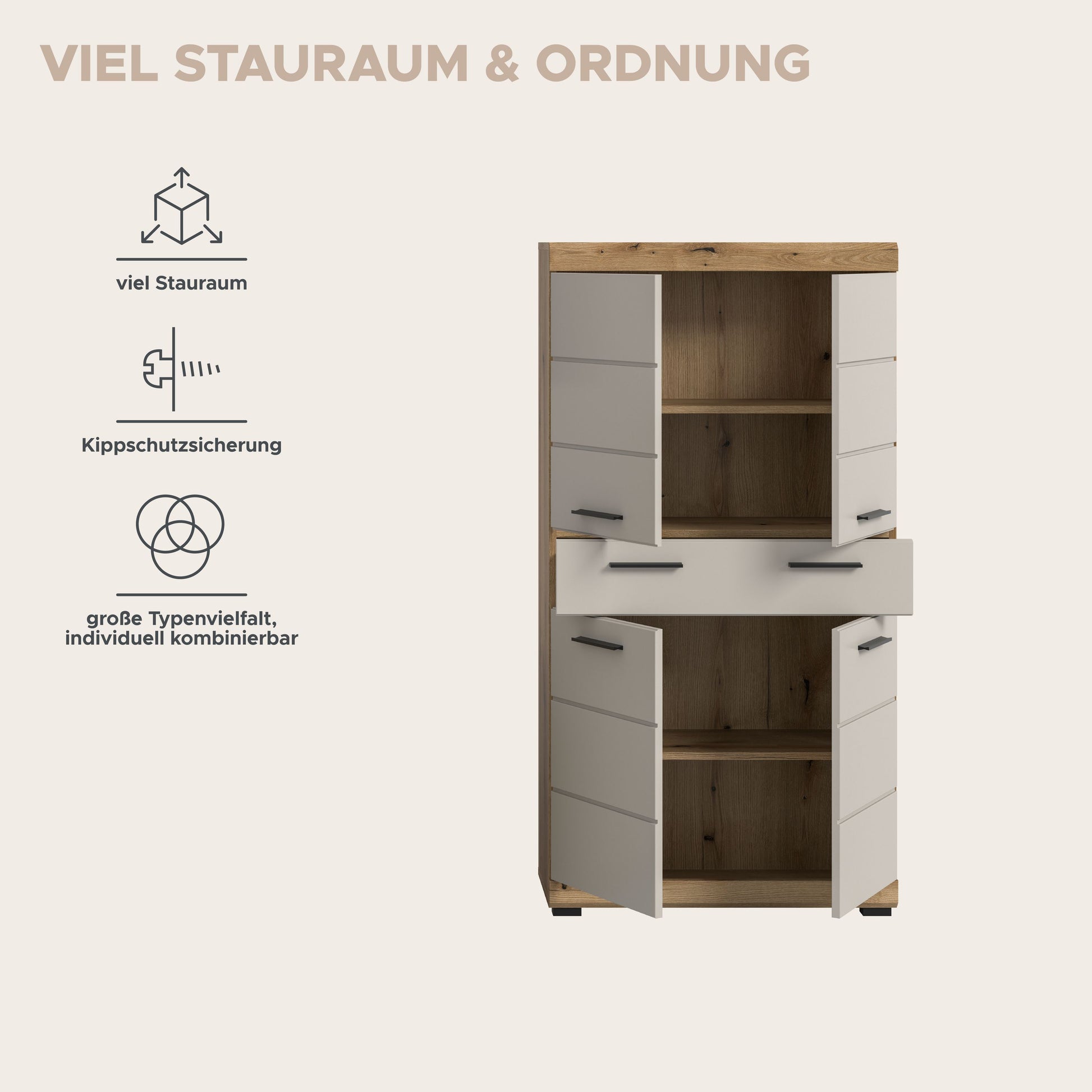 Badhochschrank mit offenen Einlegefächern, Korpus Artisan Eiche/weiße Front