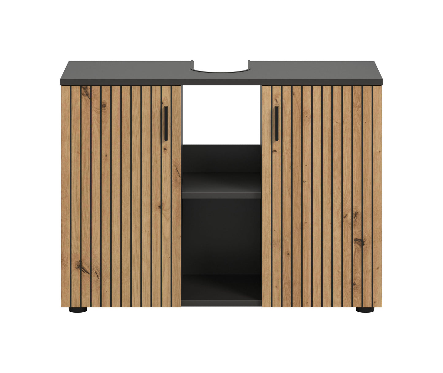 Waschbeckenunterschrank 80 cm mit geschlossenen Holzlamellentüren und schwarzer Oberplatte