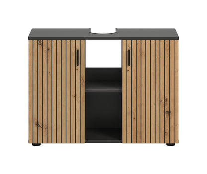 Waschbeckenunterschrank 80 cm mit geschlossenen Holzlamellentüren und schwarzer Oberplatte