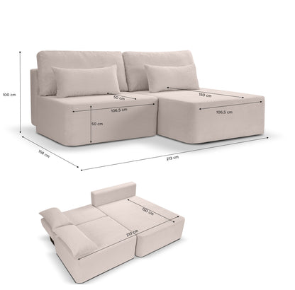 Cord-Schlafsofa mit Schlaffunktion, beiger Eckaufbau mit zwei Rückenkissen