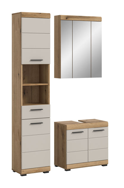 Badezimmerset mit Hochschrank, Spiegelschrank und Unterschrank, Holzdekor und weiß