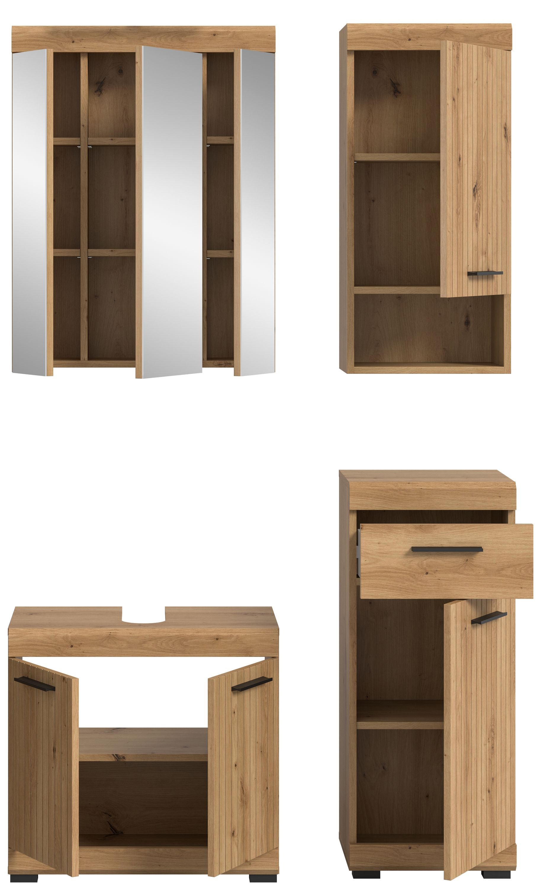 Badezimmerset mit Holzfronten: Spiegelschrank und Unterschrank, offene Fächer
